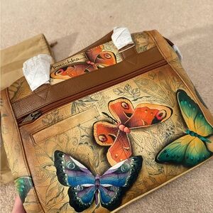 Anuschka Tan Handbag with Colorful Butterflies